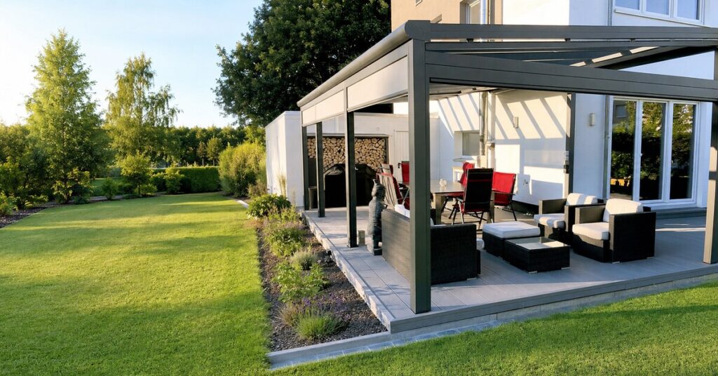 Aluminium-Terrassenüberdachung mit seitlichen Glaselementen an einem Wohnhaus