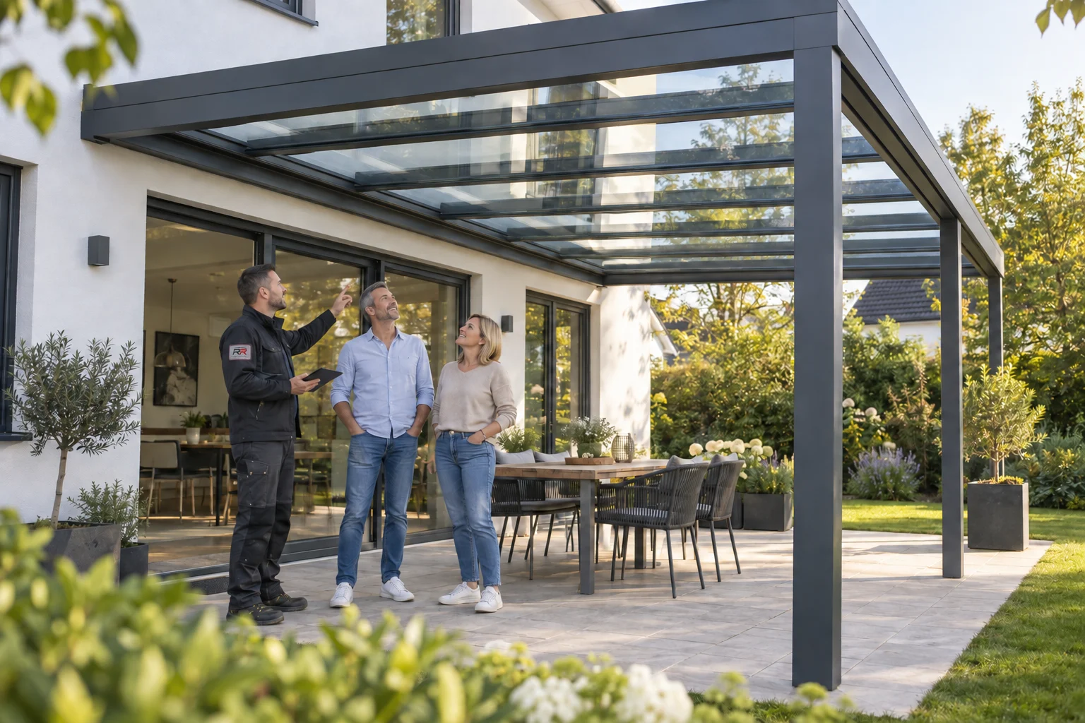 Gestaltungsbeispiel einer anthrazitfarbenen Terrassenüberdachung mit Glasdach